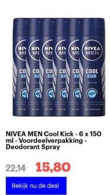 Bol.com Nivea men cool kick - 6 x 150 ml - voordeelverpakking - deodorant spray aanbieding