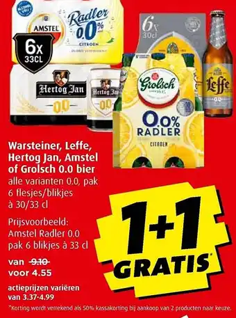 Boni Warsteiner, leffe, hertog jan, amstel of grolsch 0.0 bier aanbieding