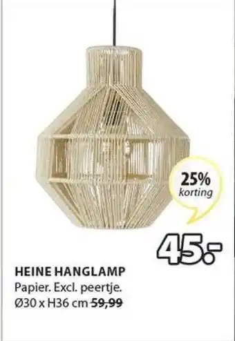 Jysk Heine hanglamp 25% korting aanbieding