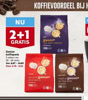Hoogvliet G'woon koffiepads 3 zakken van 36 - 56 stuks aanbieding