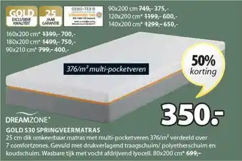 Jysk Dreamzone gold s30 springveermatras 50% korting aanbieding