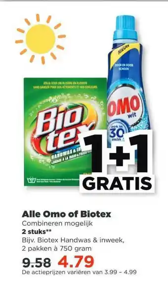 PLUS Alle Omo Of Biotex 1+1 Gratis 750g aanbieding