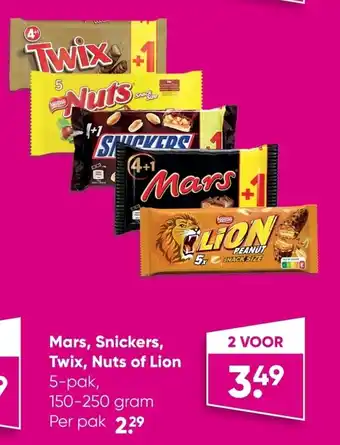 Big Bazar Mars, Snickers, Twix, Nuts of Lion 5-pak, 150-250 gram 2 voor aanbieding