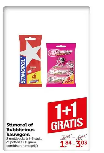 Coop Stimorol of bubblicious kauwgom 1+1 gratis aanbieding