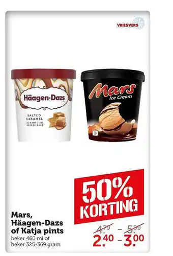 Coop Mars, häagen-dazs of katja pints 50% korting aanbieding