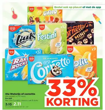 PLUS Ola Waterijs Of Cornetto 33% Korting aanbieding