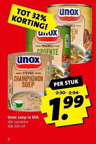 Boni Unox soep in blik tot 32% korting aanbieding