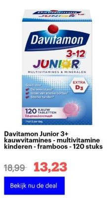 Bol.com Davitamon junior 3+ kauwvitamines - multivitamine kinderen - framboos - 120 stuks aanbieding
