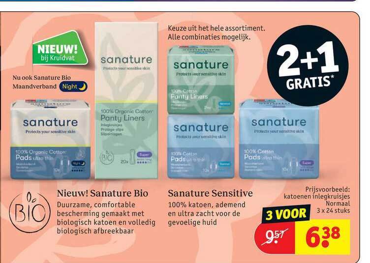 Sanature katoenen inlegkruisjes normaal 2+1 gratis aanbieding bij Kruidvat