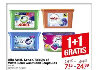 CoopCompact Alle ariel, lenor, robijn of witte reus wasmiddel capsules 1+1 gratis aanbieding