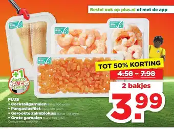 PLUS Plus cocktailgarnalen, pangasiusfilet, gerookte zalmblokjes of grote garnalen tot 50% Korting aanbieding