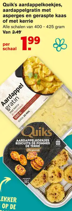 Hoogvliet Quik's aardappelkoekjes, aardapelgratin met asperges en geraspte kaas of met kerrie 400-425g aanbieding