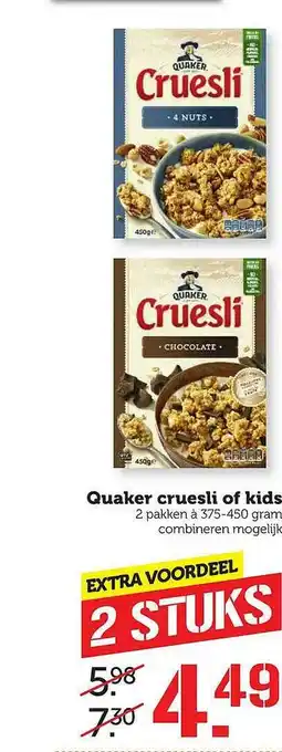 Coop Quaker cruesli of kids 375-450 gram aanbieding