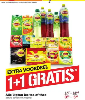 Coop Alle lipton ice tea of thee 1+1 Gratis aanbieding