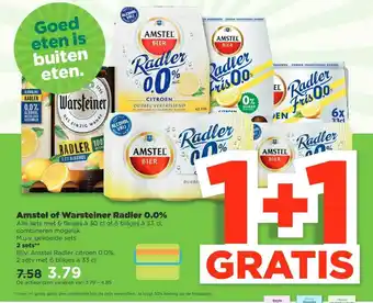 PLUS Amstel Of Warsteiner Radler 0.0% 1+1 Gratis aanbieding