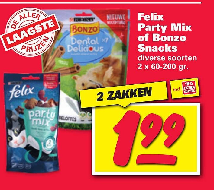 Felix party mix of bonzo snacks aanbieding bij Nettorama