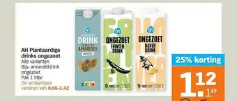 Albert Heijn AH plantaardige drinks ongezoet 25% Korting aanbieding