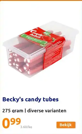 Action Becky's candy tubes 275g aanbieding