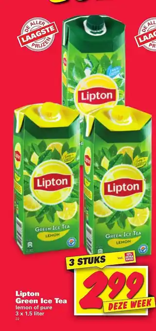 Nettorama Lipton green ice tea lemon of pure 1.5 liter aanbieding