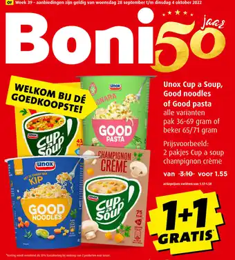 Boni Unox Cup a Soup Good noodles of Good Pasta Pak 36-69 gram of beker 65/71 gram aanbieding