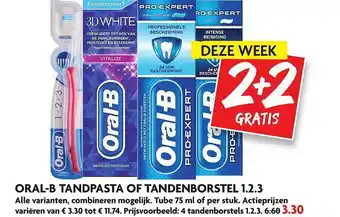 Dekamarkt Oral-b tandpasta of tandenborstel 1.2.3 2+2 Gratis aanbieding