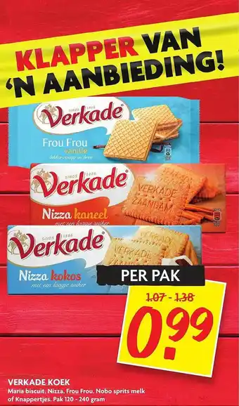 Dekamarkt Verkade koek maria biscuit, nizza, frou frou, nobo sprits melk of knappertjes 120-240 gram aanbieding