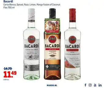 Makro Bacardi carta blanca, spiced, razz, limon, mango fusion of coconut aanbieding