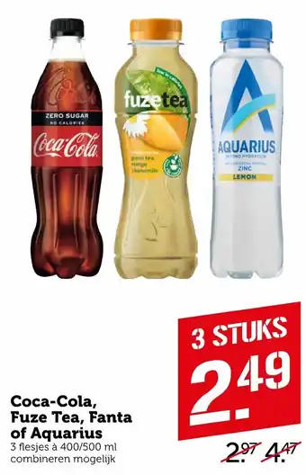 Coop Coca-Cola, Fuze Tea, Aquarius of Fanta  3*400/500ml aanbieding