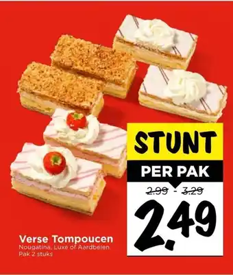 Vomar Voordeelmarkt Verse Tompoucen Nougatina, Luxe of Aardbeien pak 2 stuks aanbieding