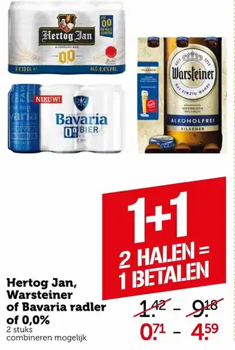 Coop Hertog Jan, Warsteiner of Bavaria radler of 0.0% aanbieding