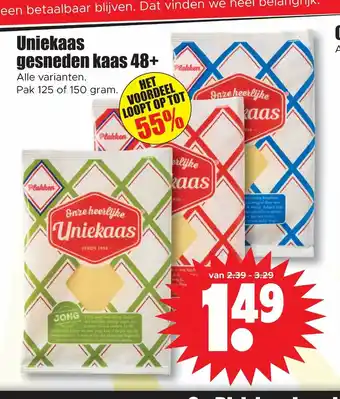 Dirk Uniekaas gesneden kaas 48+ 125 of 150 gram per pak aanbieding