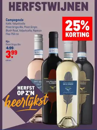 Makro Campagnola pinot grigio bio, pinot grigio blush rosé, valpolicella, ripasso 25% korting aanbieding