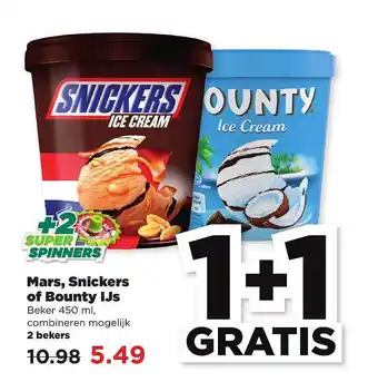 PLUS Mars, snickers of bounty ijs 1+1 gratis aanbieding