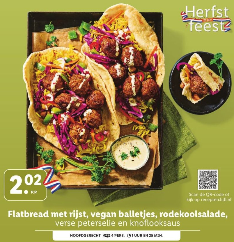 Flatbread met rijst, vegan balletjes, rodekoolsalade aanbieding bij Lidl