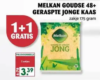 MCD Supermarkt Melkan goudse 48+ geraspte jonge kaas 1+1 gratis aanbieding