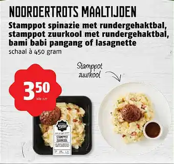 Poiesz Stamppot spinazie met rundergehaktbal, stamppot zuurkool met rundergehaktbal, bami babi pangang of lasagnette aanbieding