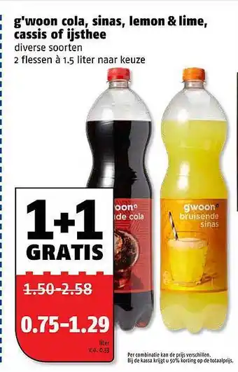 Poiesz G'woon cola, sinas, lemon & lime cassis of ijsthee 1.5 L aanbieding