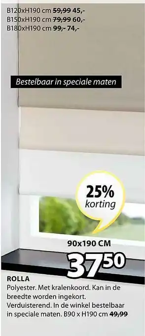 Jysk Rolla Rolgordijn 25% Korting 90x190cm aanbieding