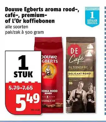 Poiesz Douwe Egberts aroma rood-,cafe-, premium of L'0r koffiebonen 500 gram aanbieding