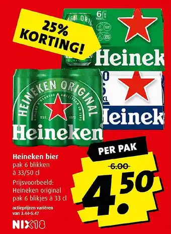 Boni Heineken bier pak 6 blikken à 33/50 cl aanbieding