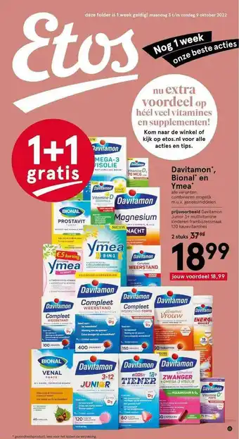 Etos Davitamon, bional en ymea 1+1 gratis aanbieding