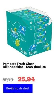 Bol.com Pampers fresh clean billendoekjes - 1200 doekjes aanbieding