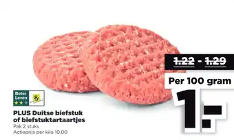 PLUS PLUS Duitse biefstuk of biefstuktartaartjes 100 gram aanbieding