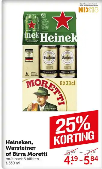 Coop Heineken, Warsteiner of Birra Moretti 6x33 cl aanbieding