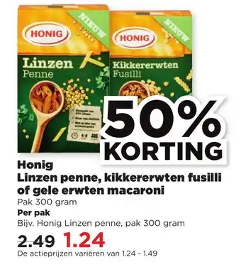 PLUS Honig linzen pene, kikkererwten fusilli of gele erwten macaroni 300g aanbieding