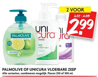 Dekamarkt Palmolive of Unicura vloeibare zeep 2*250/300ml aanbieding