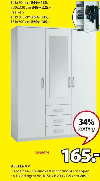 Jysk Vellerup kledingkast b151 x h200 x d59 cm aanbieding