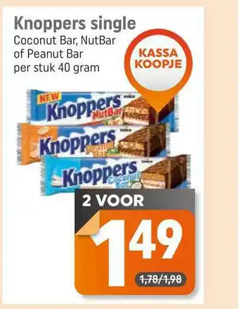 Dagwinkel Knoppers single coconut bar, nutbar of peanut bar 40 gram aanbieding