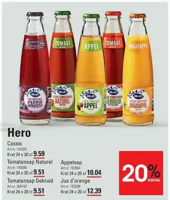 Sligro Hero Cassis, Tomatensap Naturel, Tomatensap Gekruid, Appelsap Of Jus D'Orange 20% Korting aanbieding