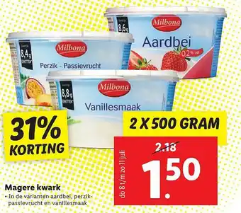 Lidl Milbona magere kwark 2x500 gram aanbieding